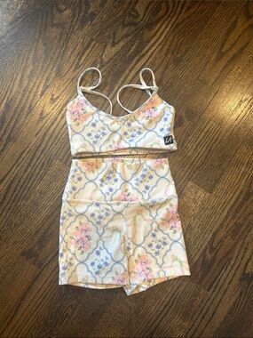 LA Dance- Floral Print Bralette and Bike Short Set - White/Pastel- Youth L